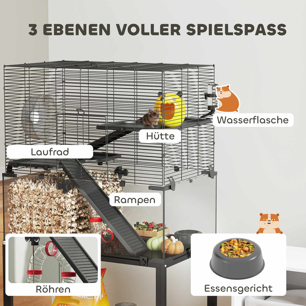 Three-Level Hamster Cage with Wheel and Accessories