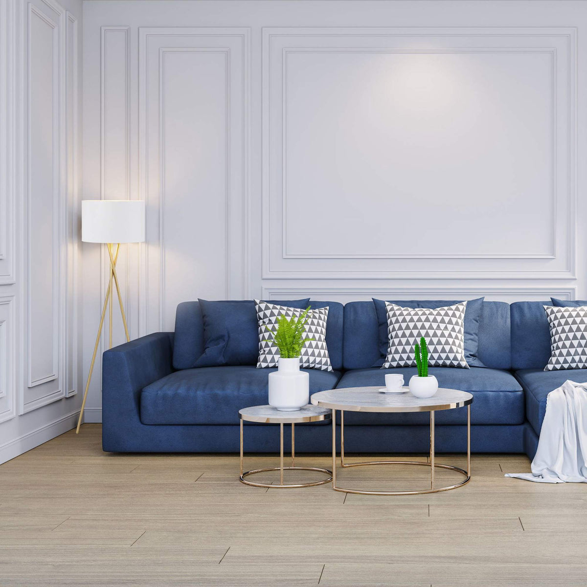 Three-legged floor lamp in white & gold