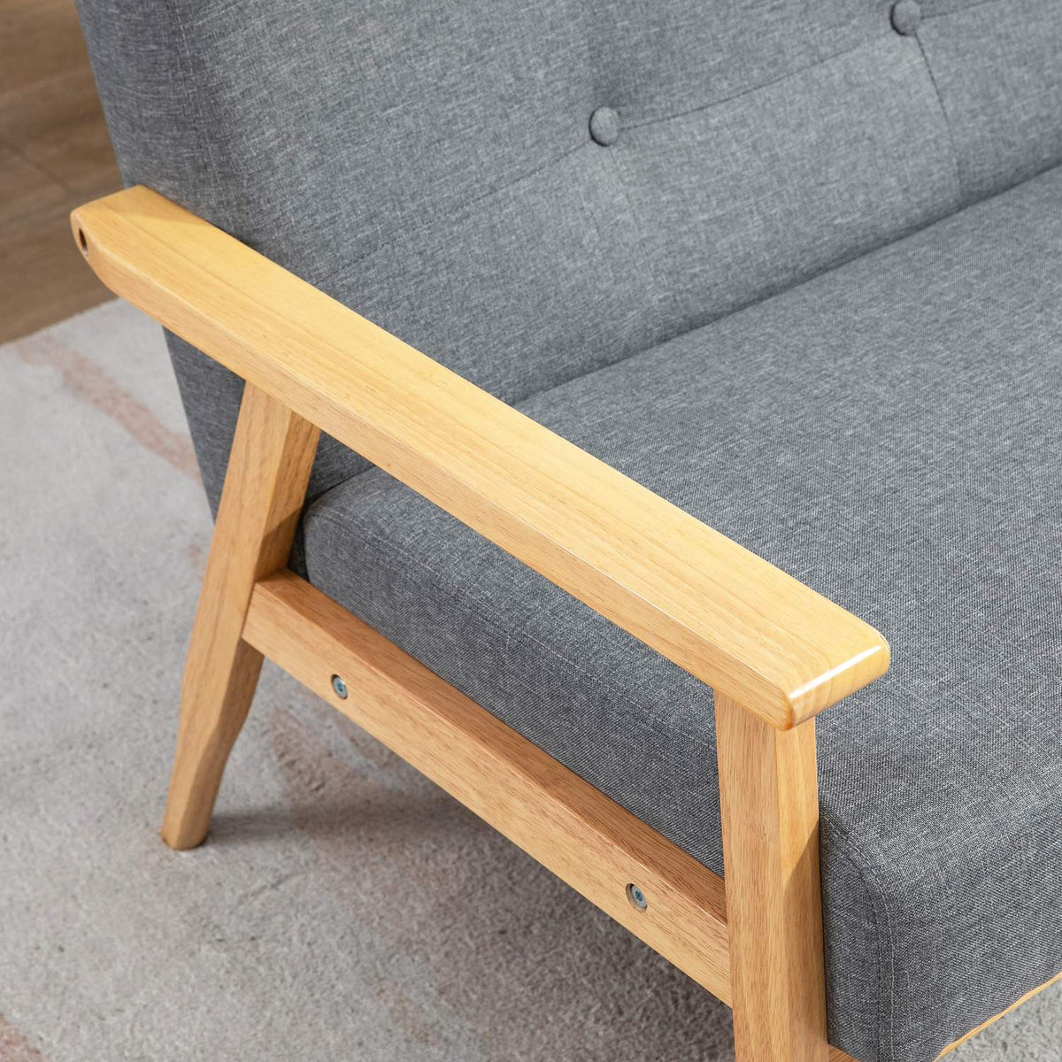 Three-seater upholstered sofa, rubberwood, 154.5 x 69.5 x 73 cm, grey