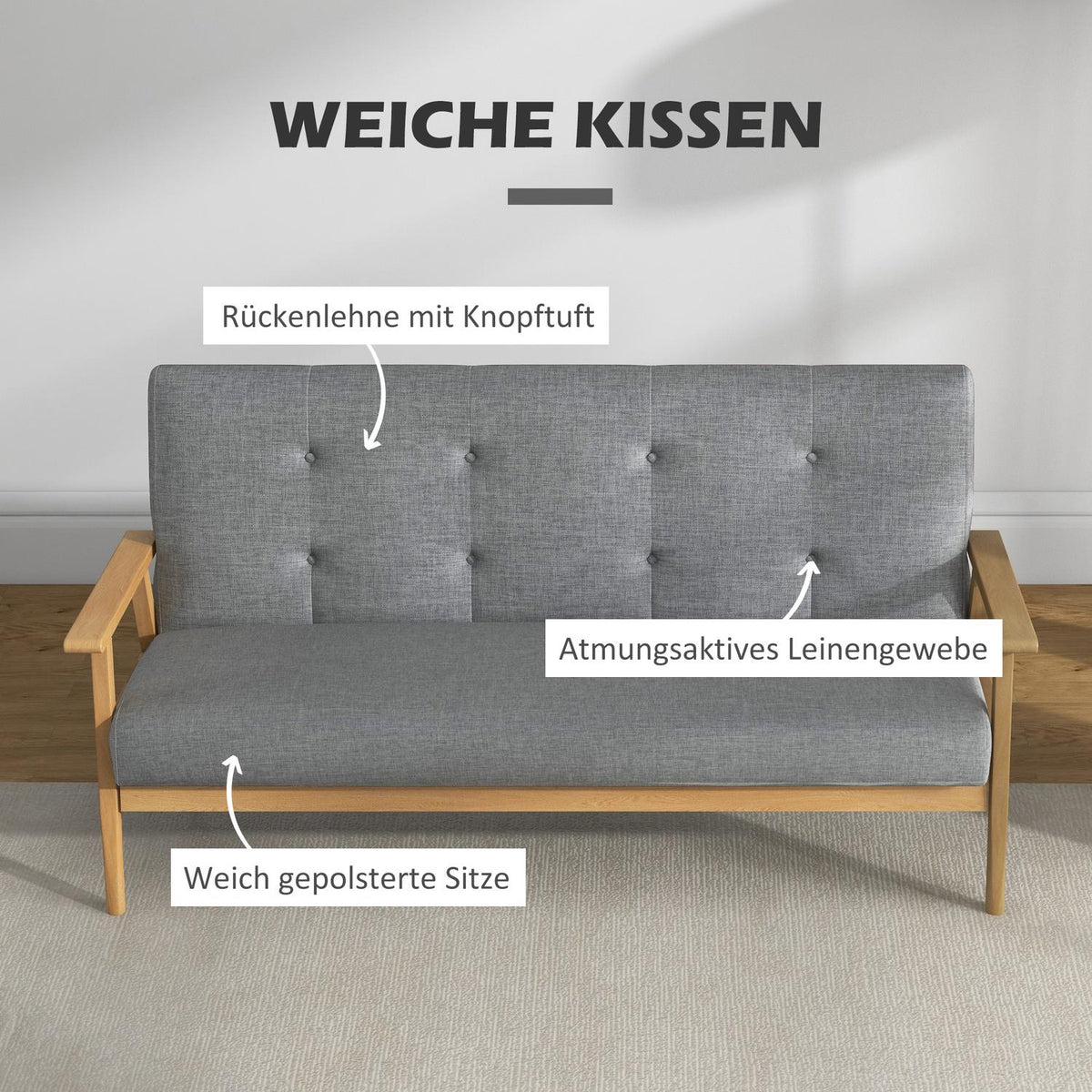 Three-seater upholstered sofa, rubberwood, 154.5 x 69.5 x 73 cm, grey