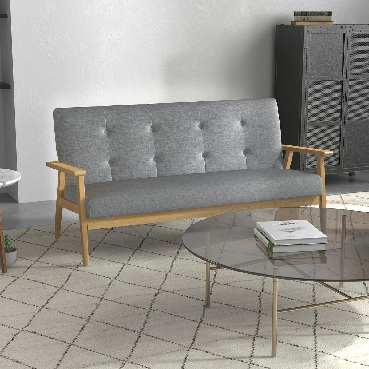Three-seater upholstered sofa, rubberwood, 154.5 x 69.5 x 73 cm, grey
