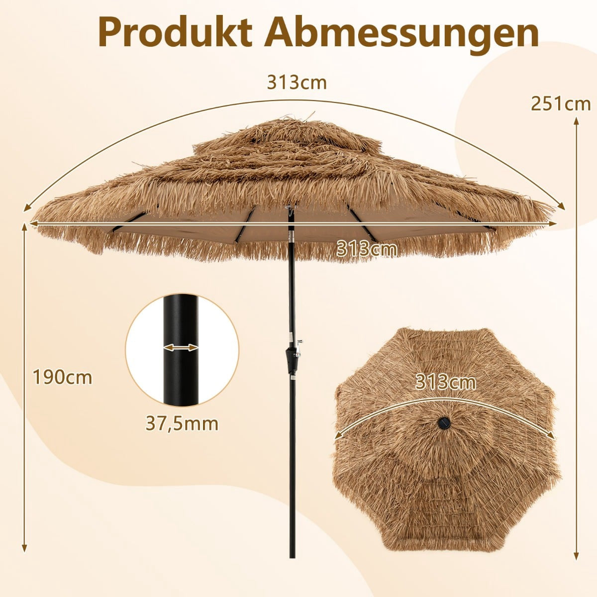 Tiki Straw Umbrella with Solar LED Lights, 313 cm