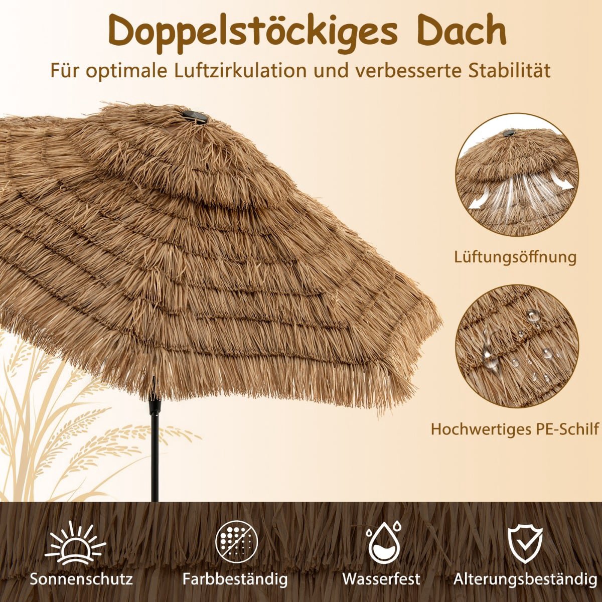 Tiki Straw Umbrella with Solar LED Lights, 313 cm