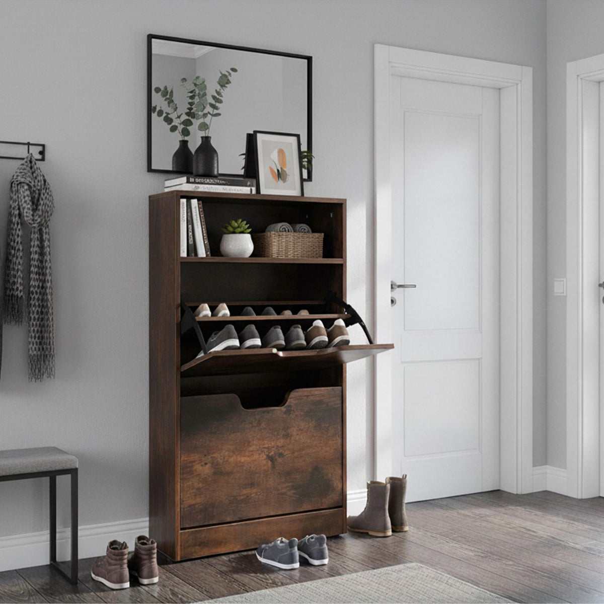 Tilt-Out Shoe Cabinet with Adjustable Dividers