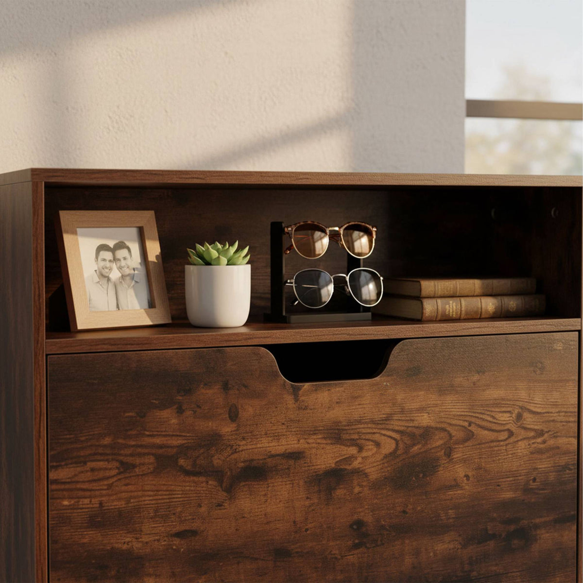 Tilt-Out Shoe Cabinet with Open Shelf, Adjustable Dividers