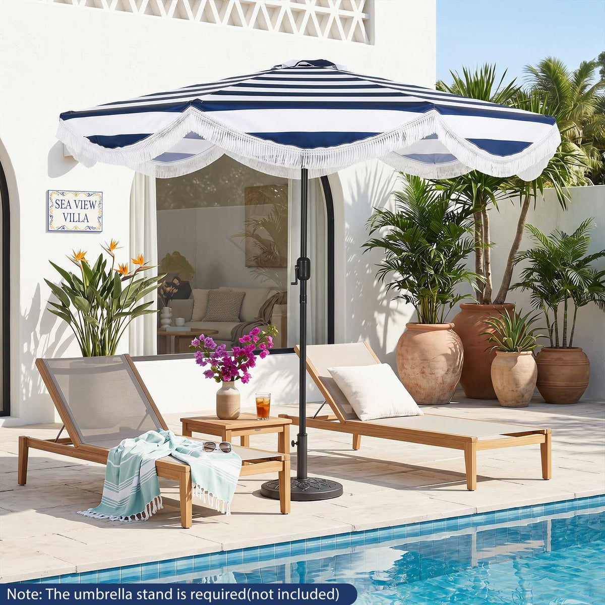 Tiltable Beach Umbrella, 278 cm, Blue/White Stripes