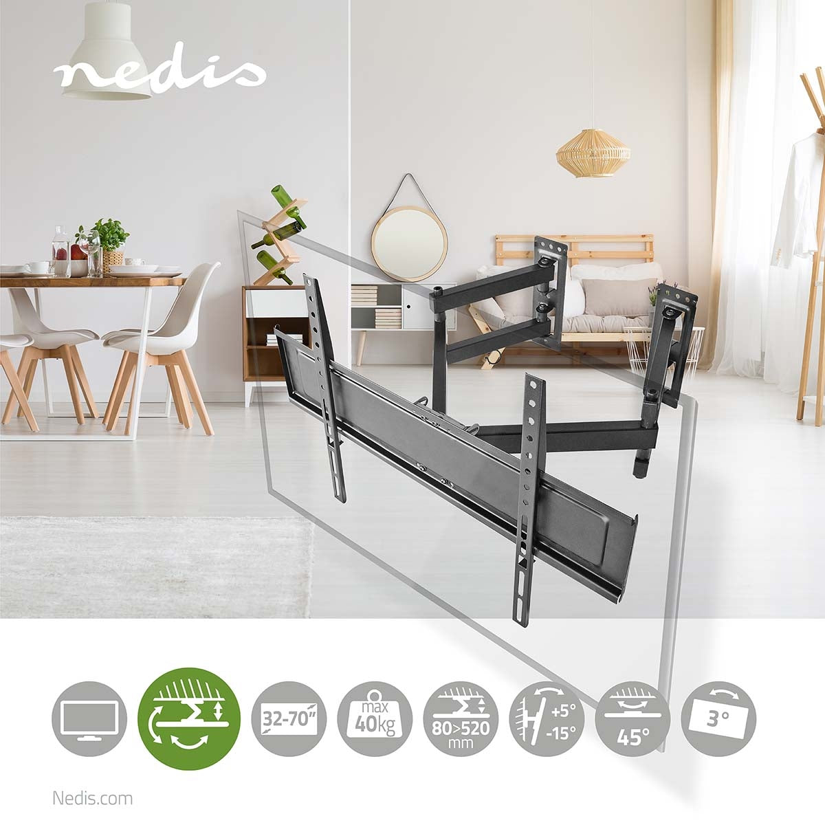 Tilt and swivel TV wall mount | 32-70 " | Maximum screen weight supported: 40 kg | Tiltable | Rotatable | Minimum wall distance: 80 mm | Maximum wall distance: 520 mm | 3 Pivot point(s) | Steel | Black