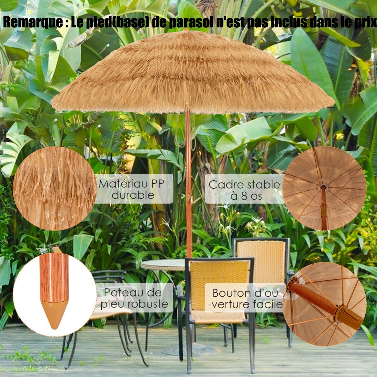 Tilting Beach Umbrella 200cm, Thatched Roof, Sand Anchor