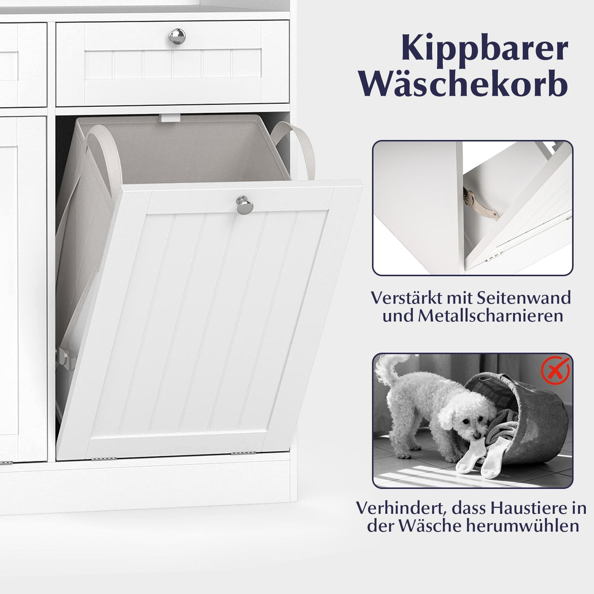 Tilting Laundry Cabinet with Shelf & 2 Drawers, White