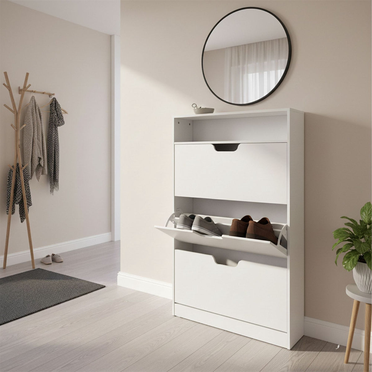 Tilting Shoe Cabinet with Adjustable Compartments & Shelf