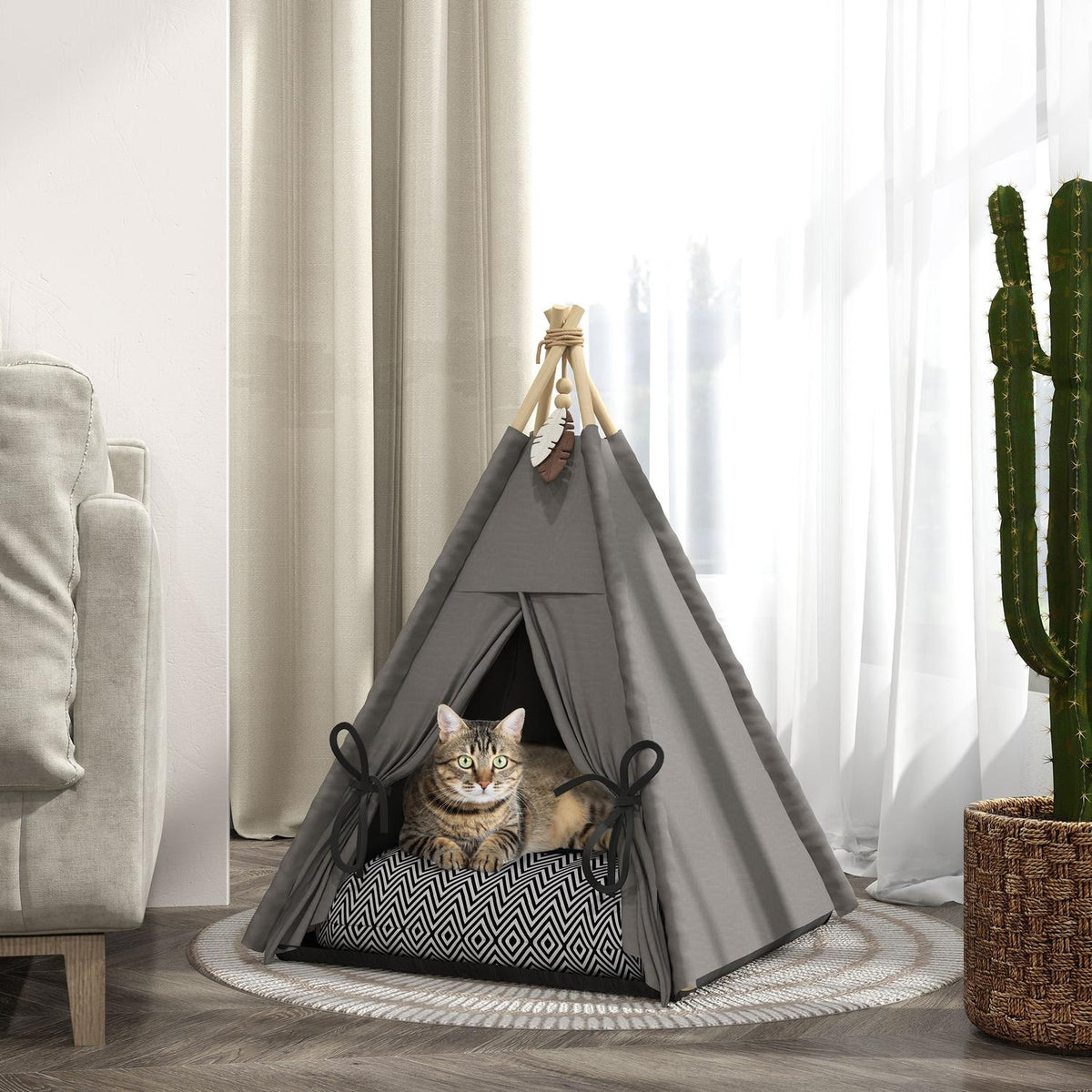 Tipi tent for pets, cat tent with removable and washable cushions, cat house with non-slip base, play ball, for cats under 5kg, mini dogs, 60 x 60 x 76 cm, gray