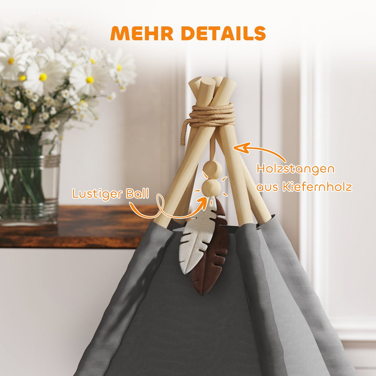 Tipi tent for pets, cat tent with removable and washable cushions, cat house with non-slip base, play ball, for cats under 5kg, mini dogs, 60 x 60 x 76 cm, gray