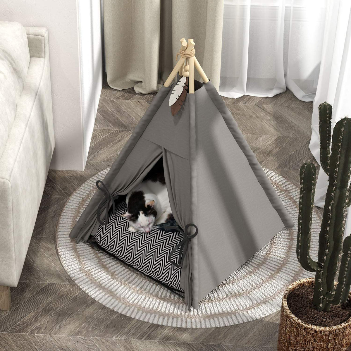 Tipi tent for pets, cat tent with removable and washable cushions, cat house with non-slip base, play ball, for cats under 5kg, mini dogs, 60 x 60 x 76 cm, gray