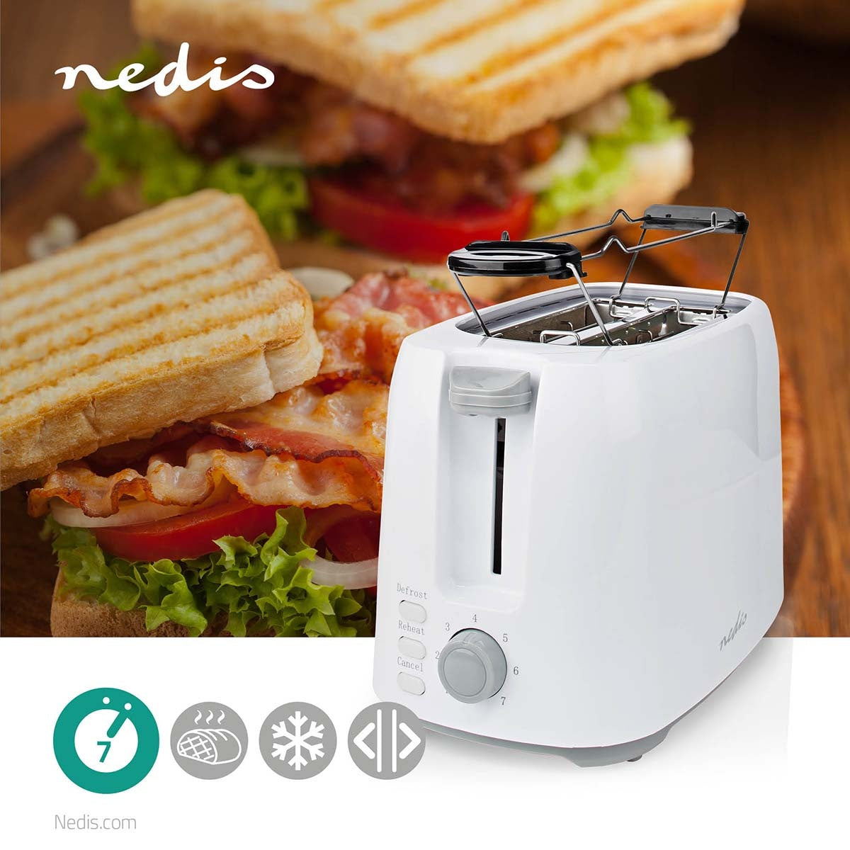 Toaster | 2 Slots | Browning levels: 7 | Defrost feature | Bun rack | White