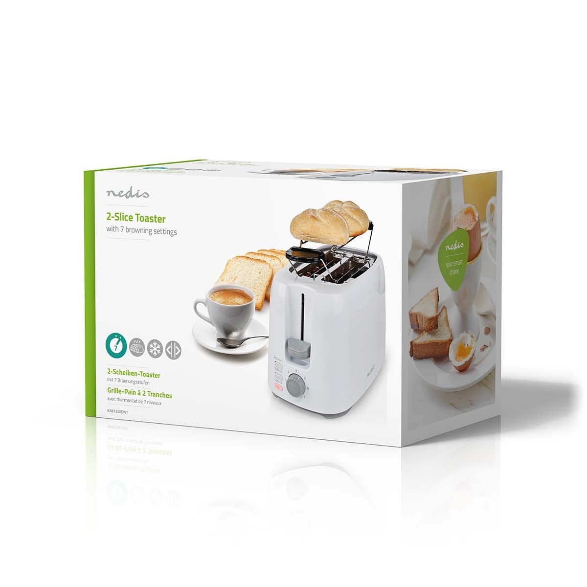 Toaster | 2 Slots | Browning levels: 7 | Defrost feature | Bun rack | White
