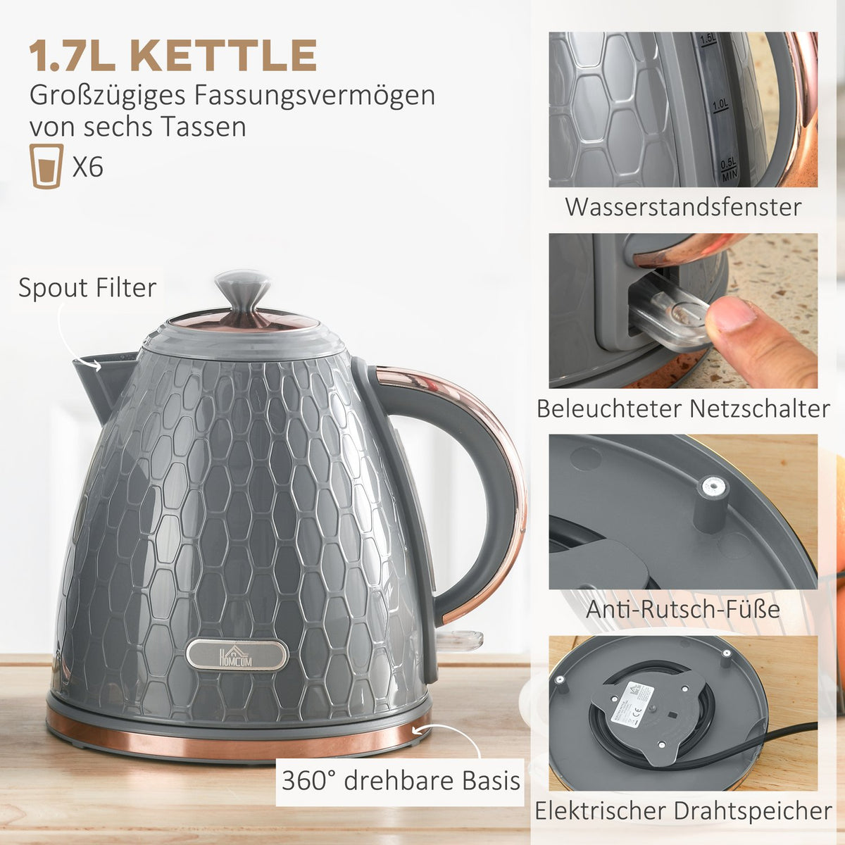 Toaster & Kettle Set, 1.7L, 4-Slice, Grey Plastic