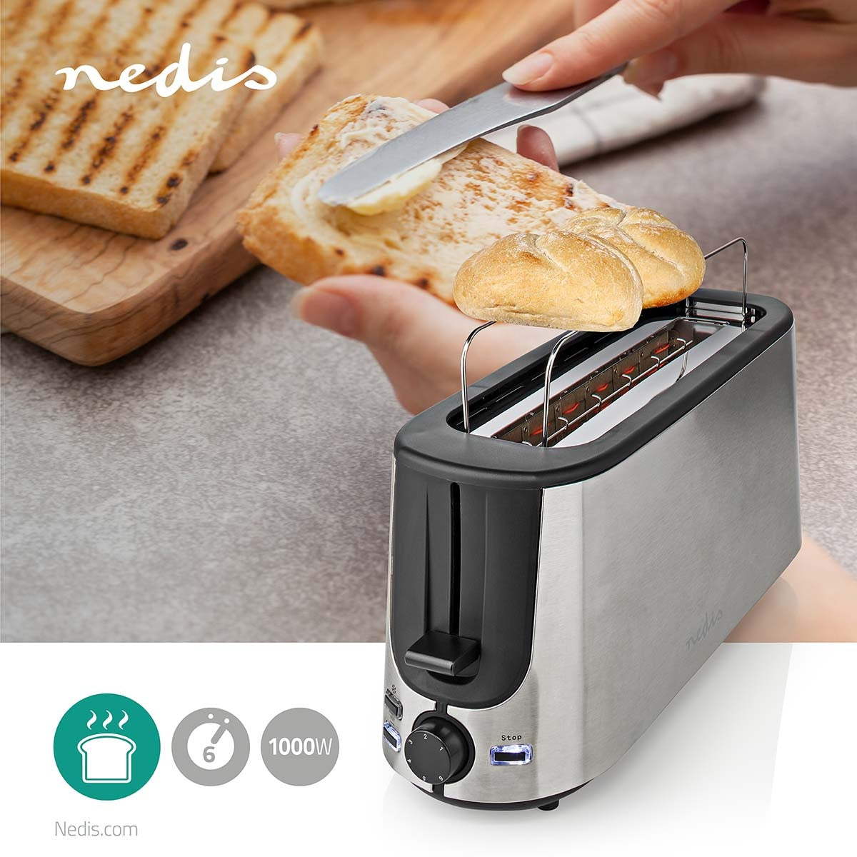 Toaster | Stainless Steel Series | 1 Discs | Degree of brownness: 6 | Defrost function | Bread shelf | Aluminum