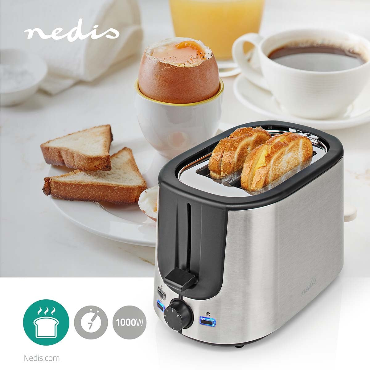Toaster | Stainless Steel Series | 2 Discs | Degree of brownness: 7 | Defrost function | Bread shelf | Aluminum
