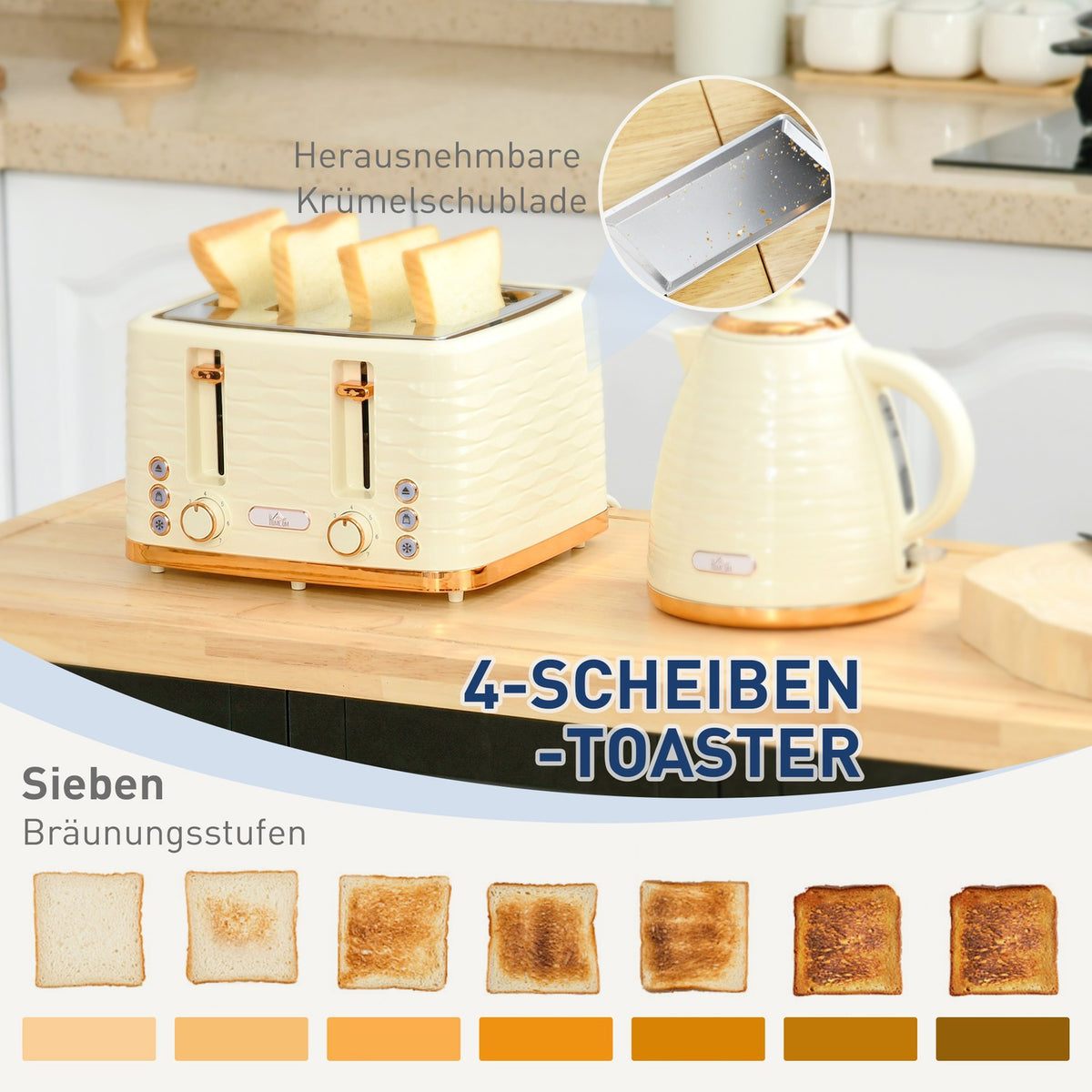 Toaster and Kettle Set, 7 Browning Levels, Defrost, Beige
