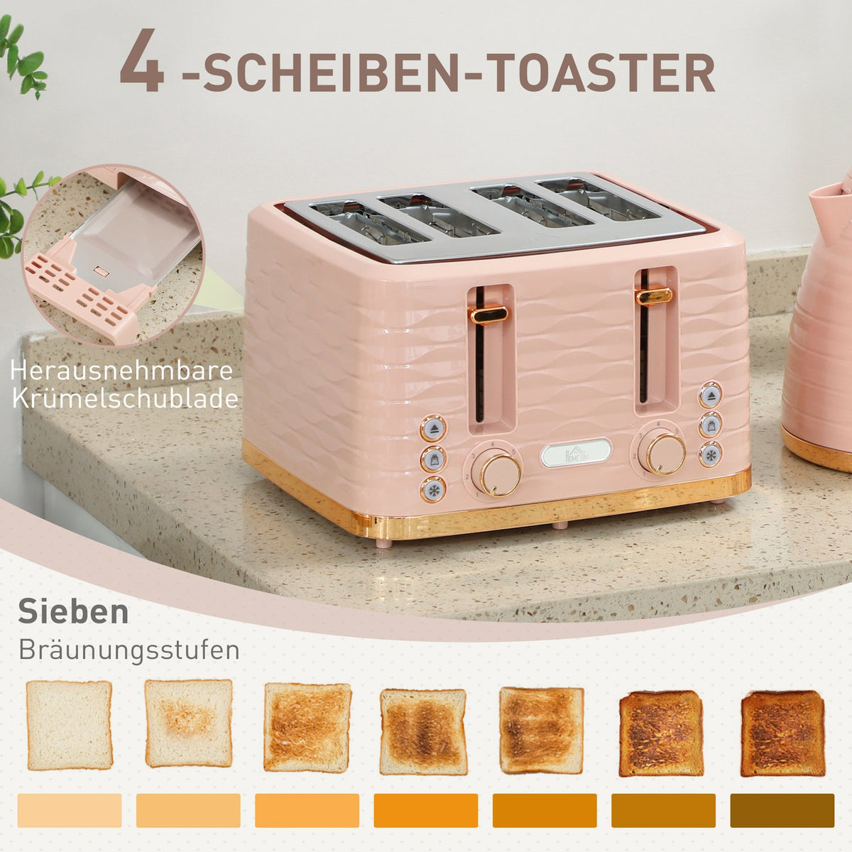 Toaster and Kettle Set, 7 Browning Levels, Pink