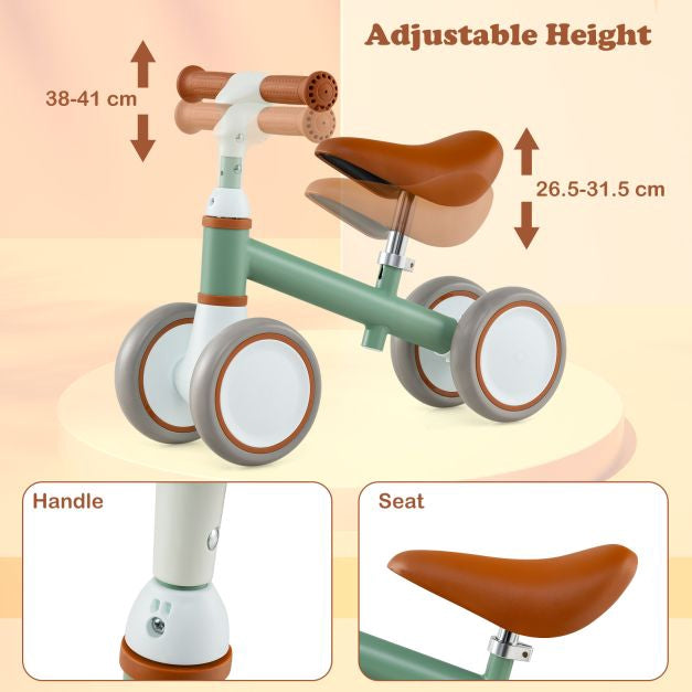 Toddler Balance Bike, 4-Wheel, Adjustable Seat, Green