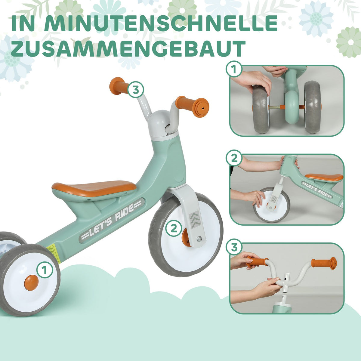 Toddler Balance Bike, No Pedal, 3 Silent Wheels, Green