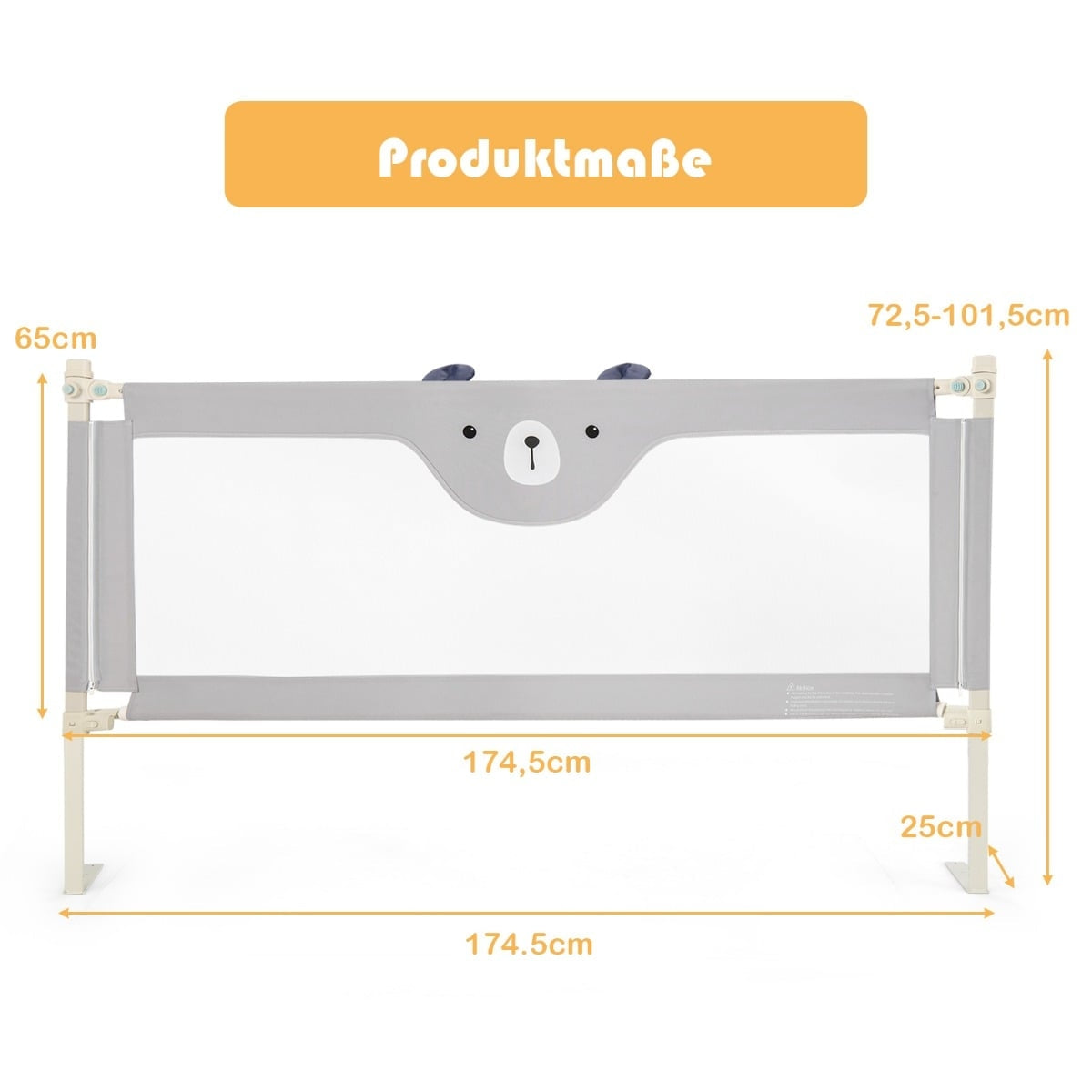 Toddler Bed Rail, Adjustable Height, 175 cm, Gray