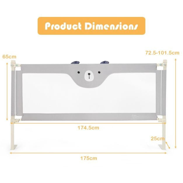 Toddler Bed Rail Guard, 69 In, 24-Level Adjustable, Gray