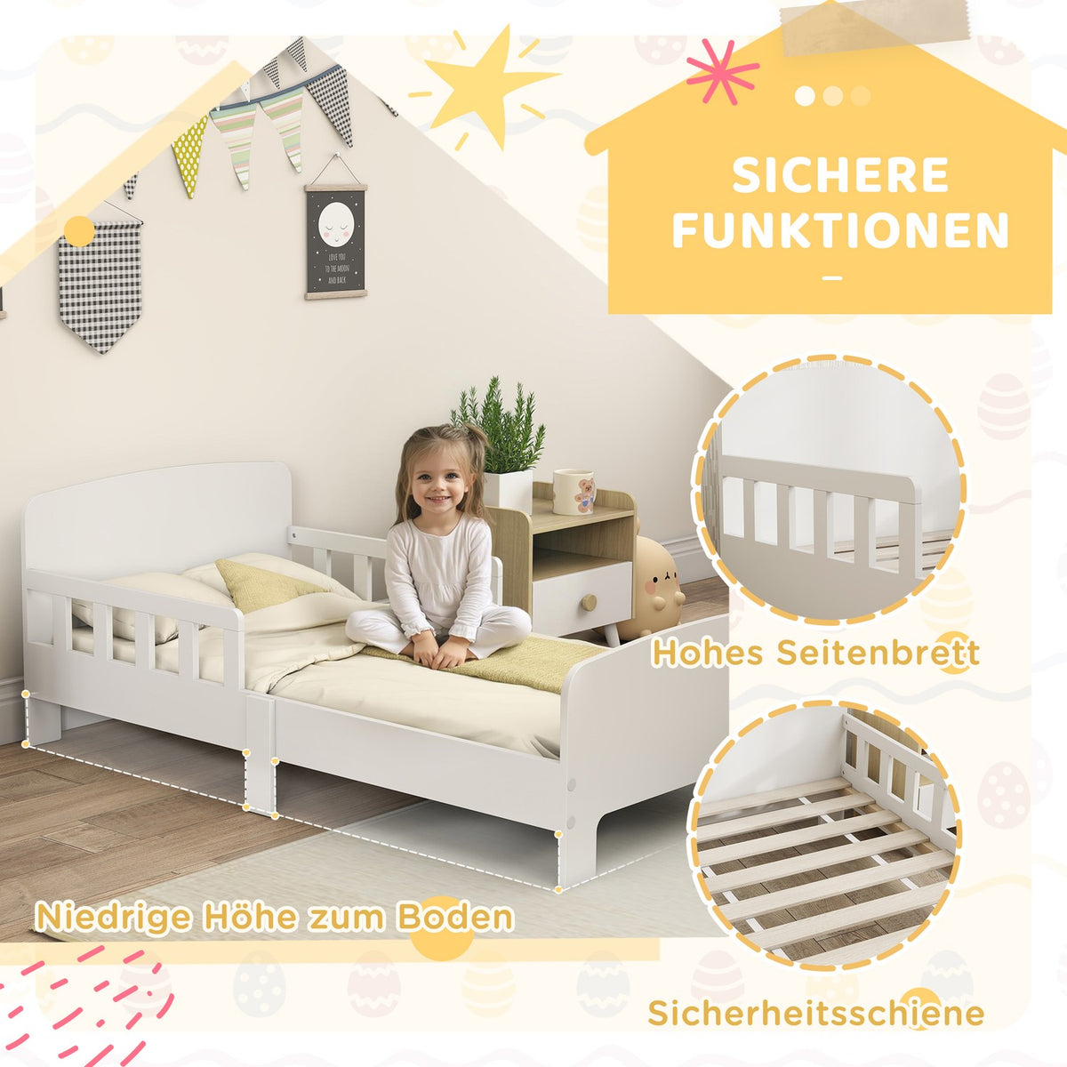 Toddler Bed with Safety Rails, MDF, Ages 3-8, White