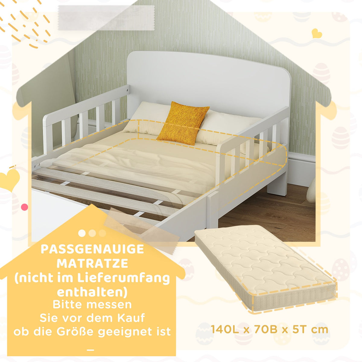 Toddler Bed with Safety Rails, MDF, Ages 3-8, White
