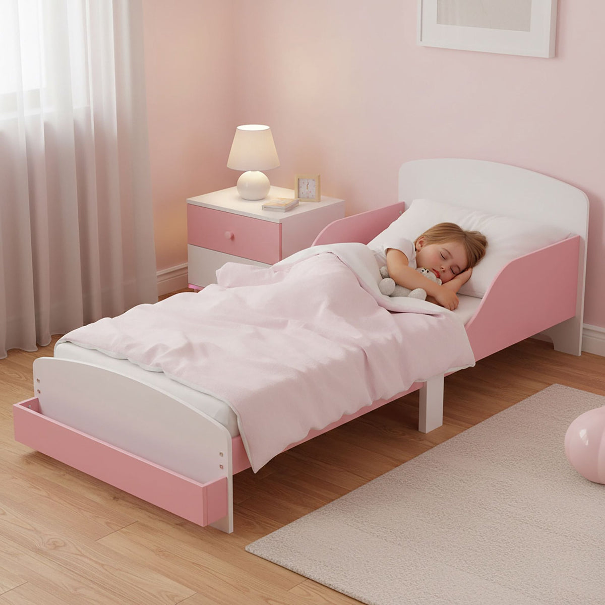 Toddler Floor Bed with Rail, White/Pink, Shelf Storage