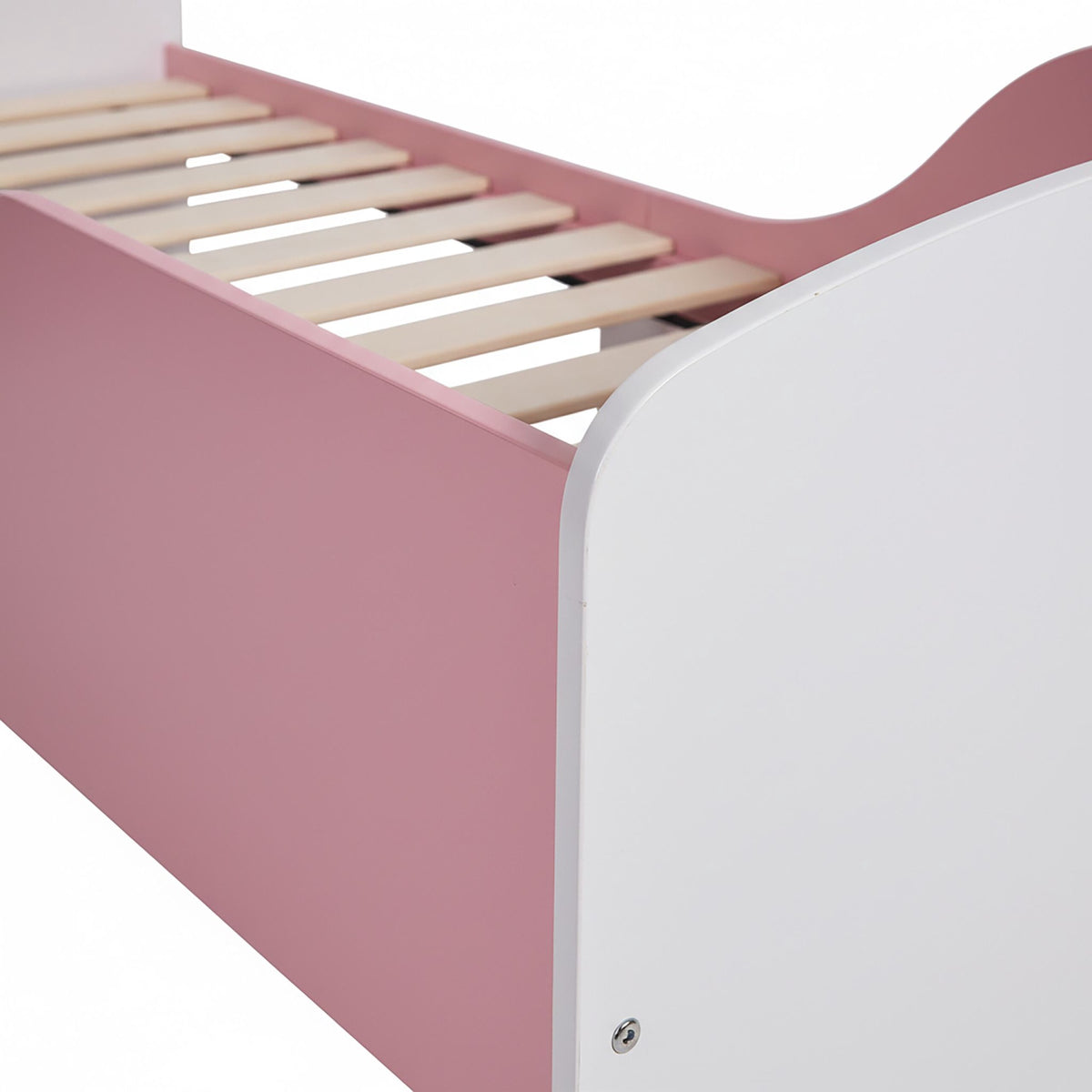 Toddler Floor Bed with Rail, White/Pink, Shelf Storage