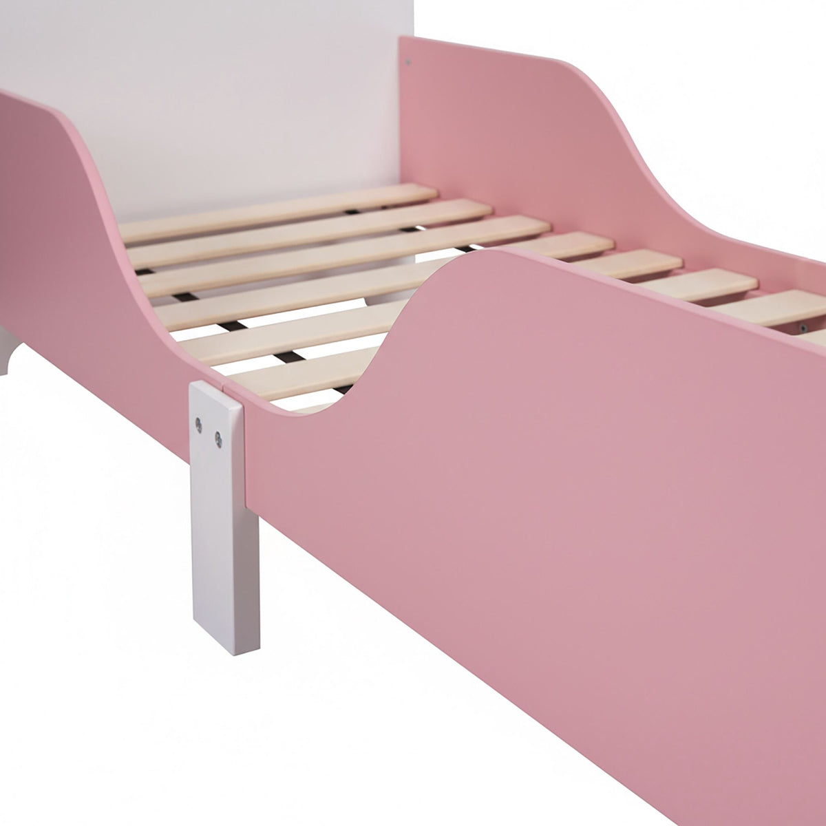 Toddler Floor Bed with Rail, White/Pink, Shelf Storage