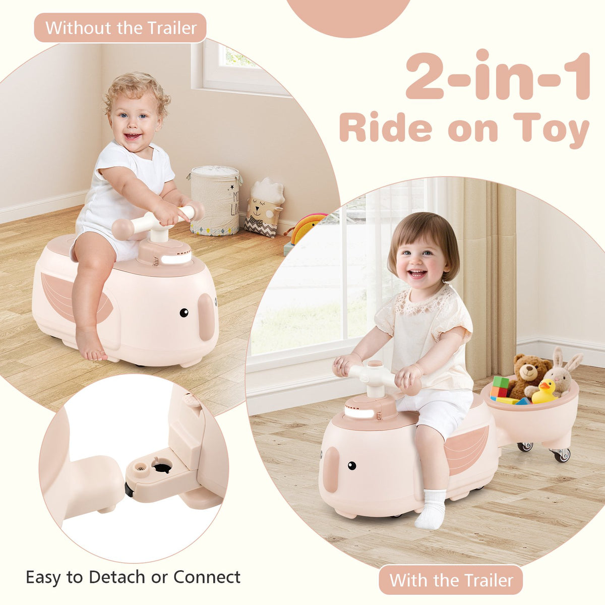 Toddler Ride-On Car With Trailer, Lights, Music, Storage