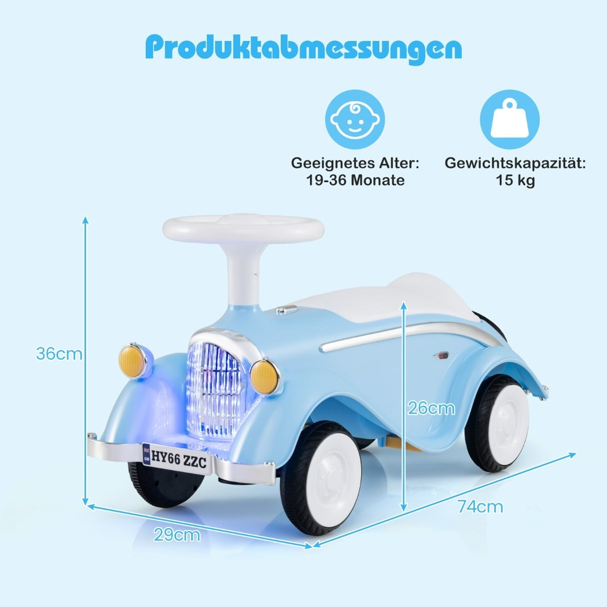 Toddler Ride-On Car with Horn, LED Lights, Blue