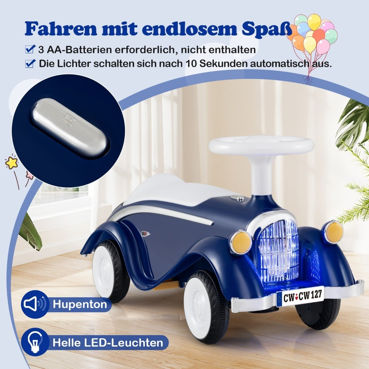 Toddler Ride-On Car with Horn, LED Lights, Dark Blue