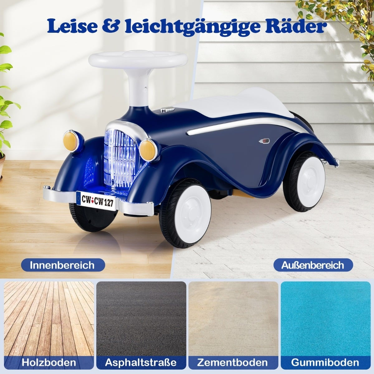 Toddler Ride-On Car with Horn, LED Lights, Dark Blue