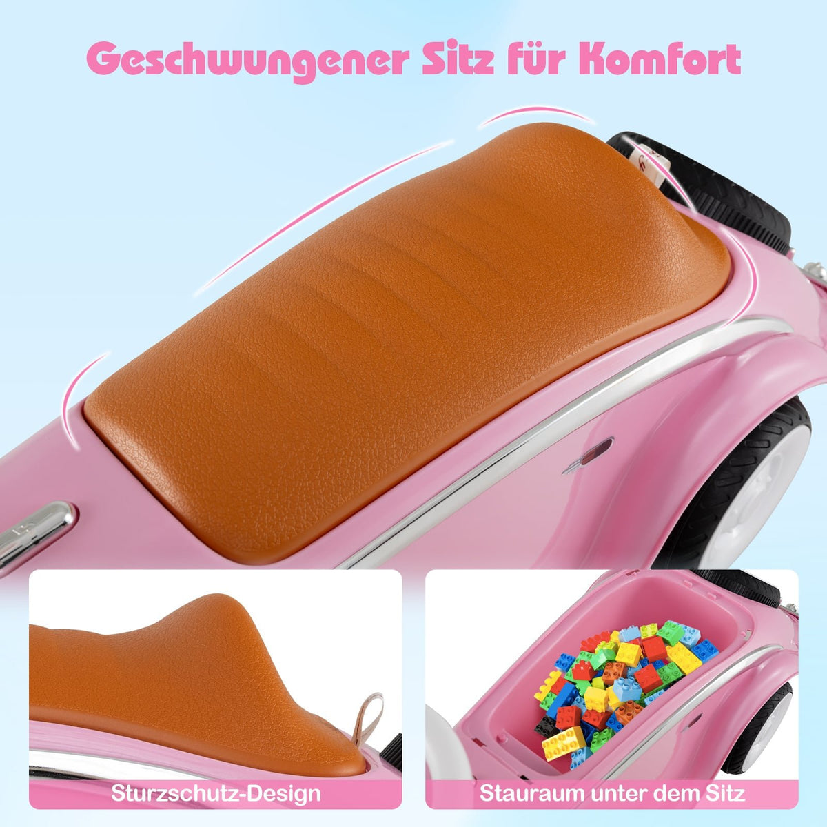 Toddler Ride-On Car with Horn, LED Lights, Storage, Pink