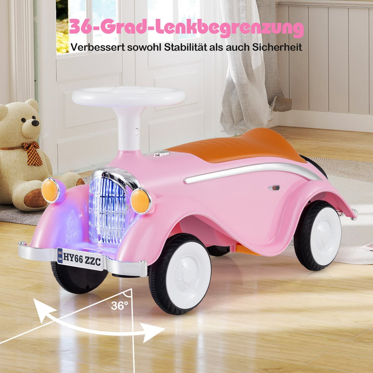 Toddler Ride-On Car with Horn, LED Lights, Storage, Pink