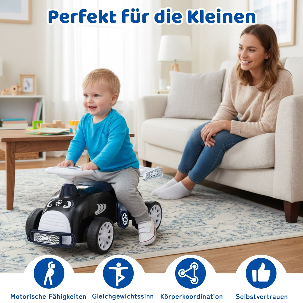 Toddler Ride-On Car with Music & Storage – Shark Design