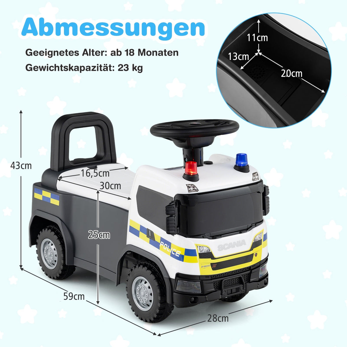 Toddler Ride-On Police Car with Steering & Storage