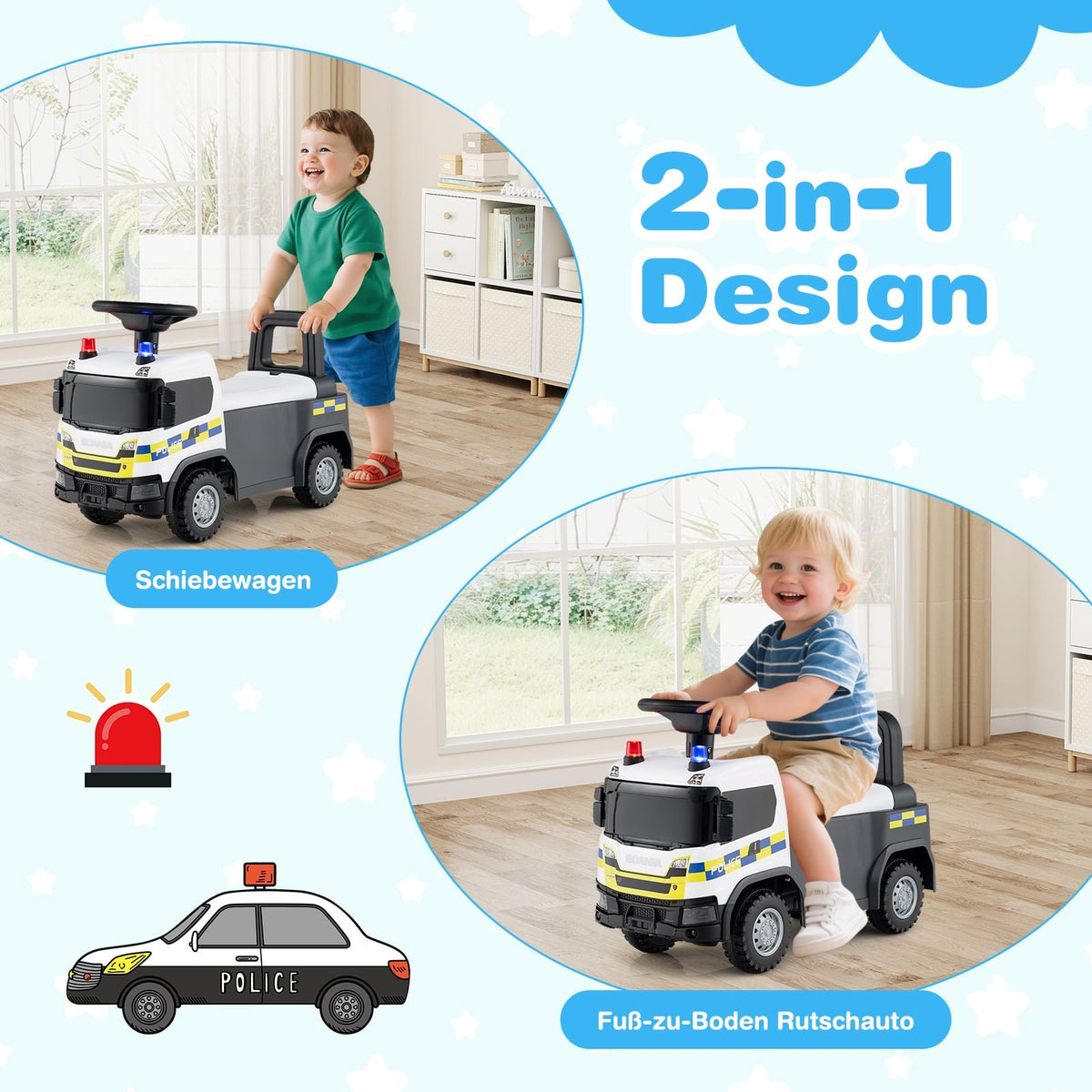 Toddler Ride-On Police Car with Steering & Storage