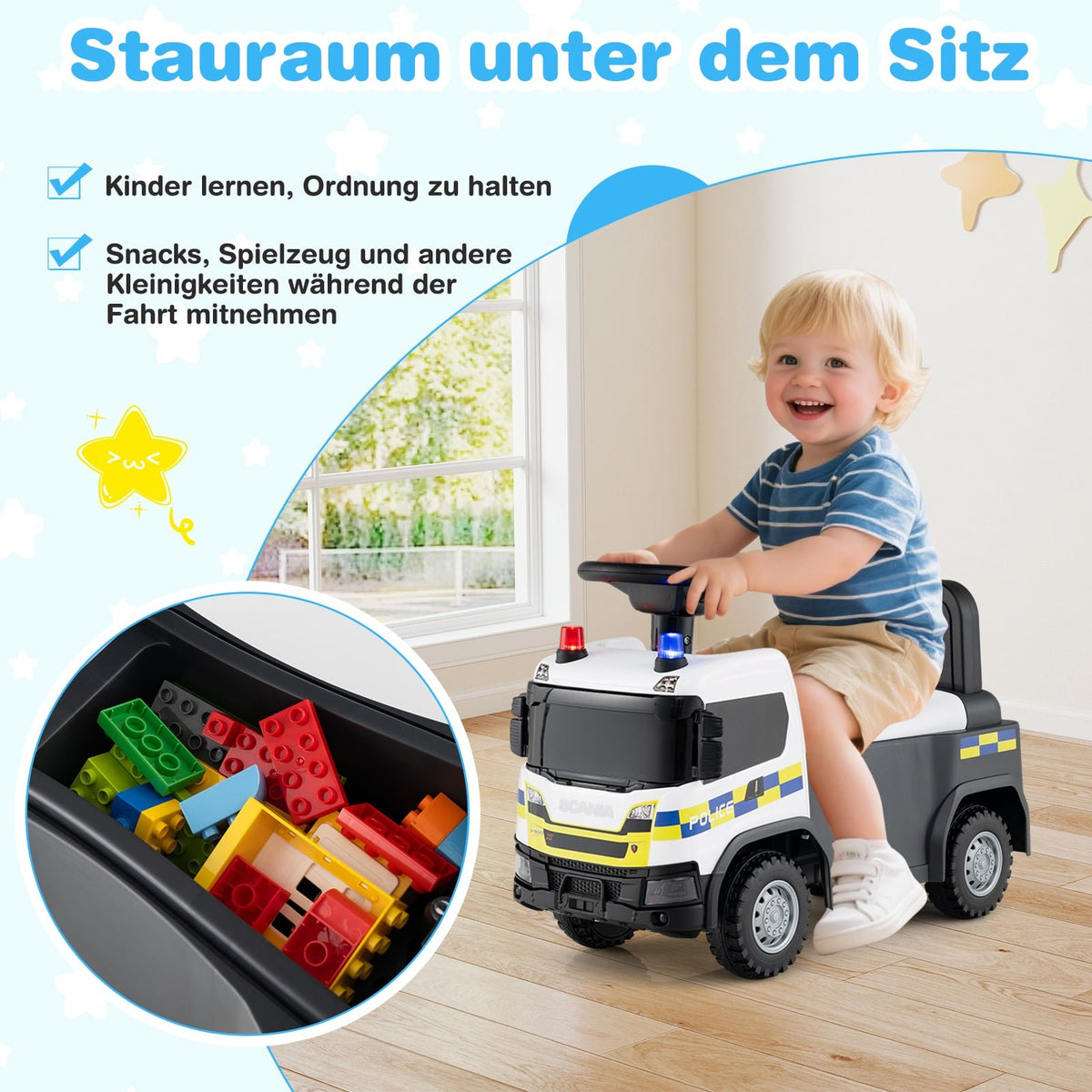 Toddler Ride-On Police Car with Steering & Storage