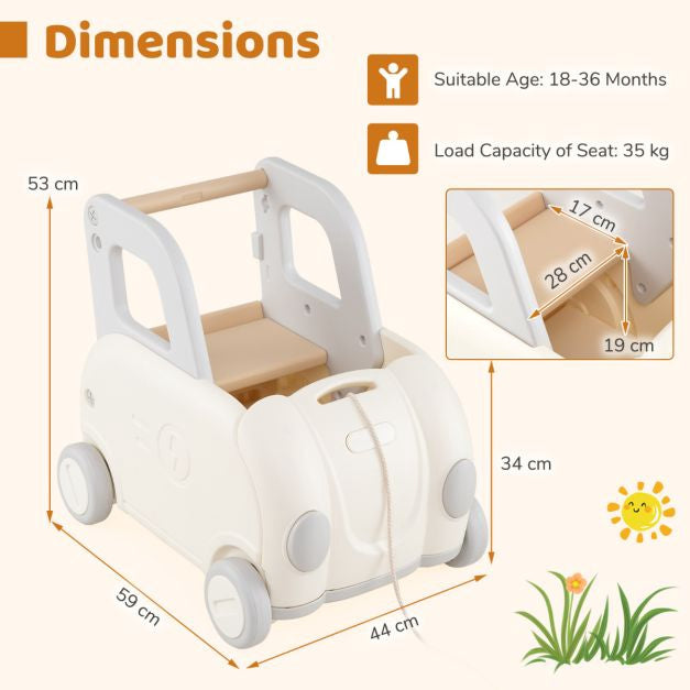 Toddler Ride-On Train Cart with Pull Rope, Storage, White