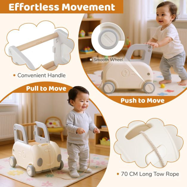 Toddler Ride-On Train Cart with Pull Rope, Storage, White