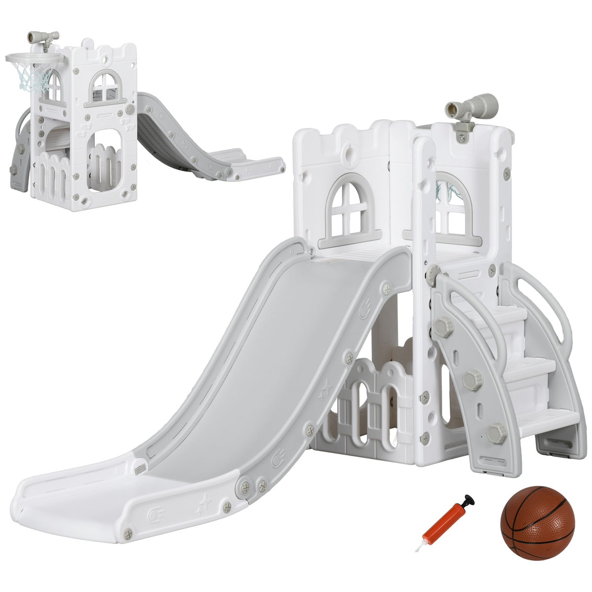 Toddler Slide 5-in-1 with Basketball Hoop, Grey, 70x177x92 cm