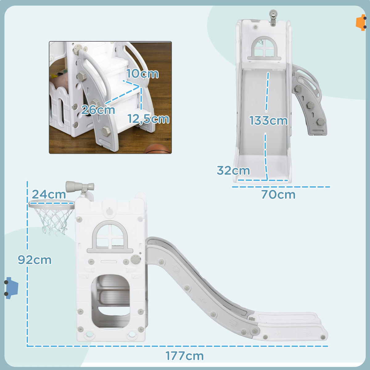 Toddler Slide 5-in-1 with Basketball Hoop, Grey, 70x177x92 cm