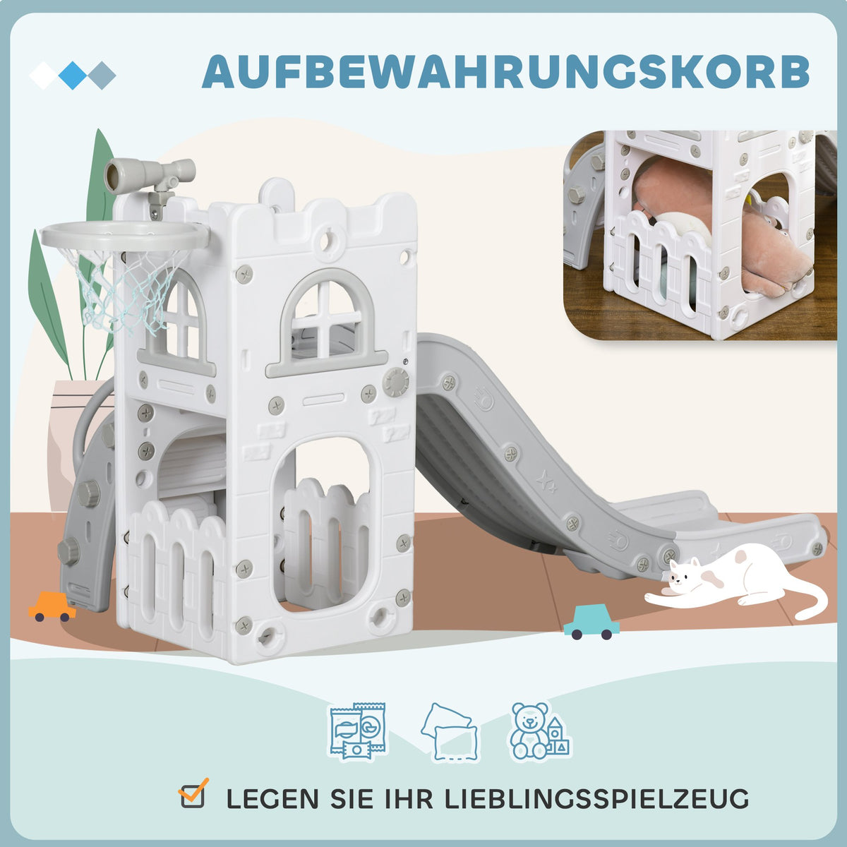 Toddler Slide 5-in-1 with Basketball Hoop, Grey, 70x177x92 cm