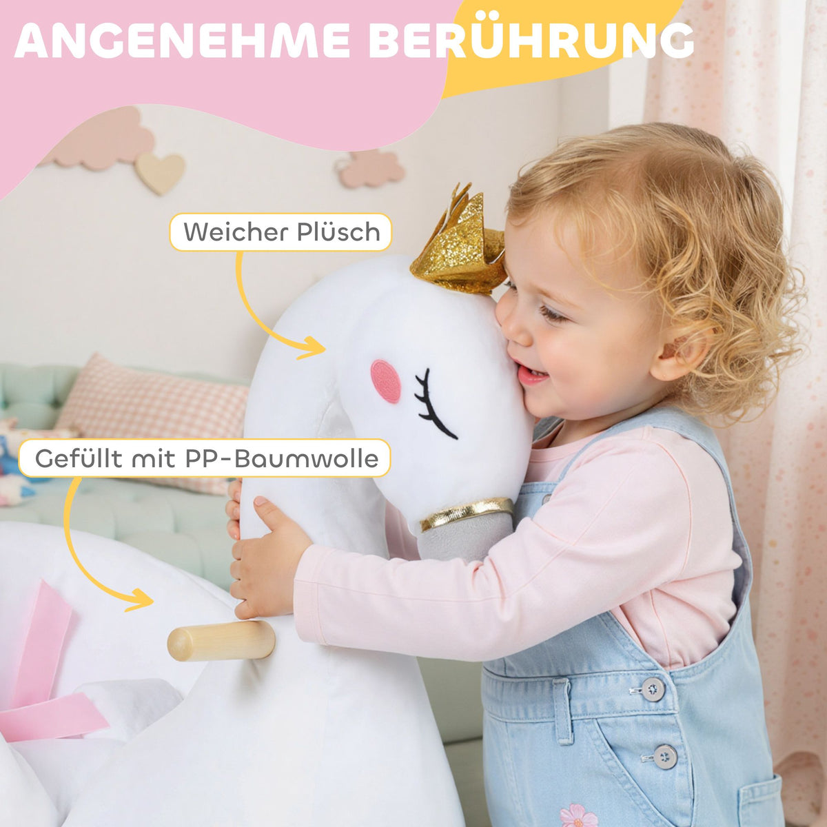 Toddler Swan Rocker with Lullaby, Soft Filling, Wood Frame