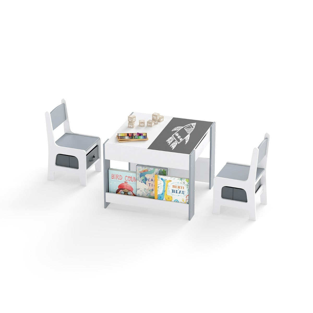 Toddler Table And 2 Chair Set, Chalkboard Whiteboard Top, Storage